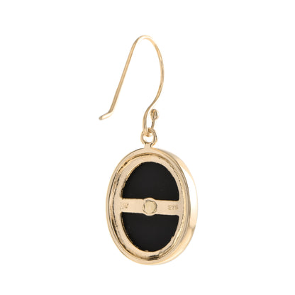 Art Deco Style Diamond &amp; Black Onyx Oval Shape Drop 14K Yellow Gold Earrings