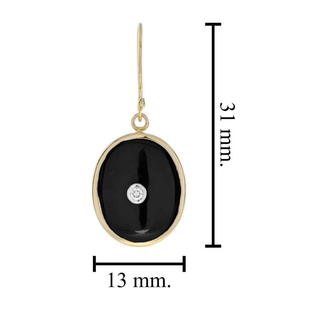 Art Deco Style Diamond & Black Onyx Oval Shape Drop 14K Yellow Gold Earrings