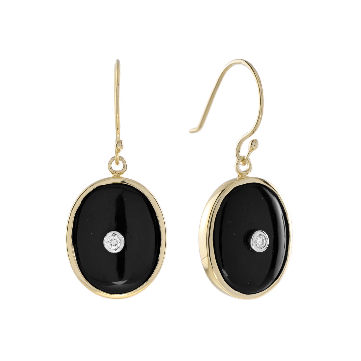 Art Deco Style Diamond &amp; Black Onyx Oval Shape Drop 14K Yellow Gold Earrings