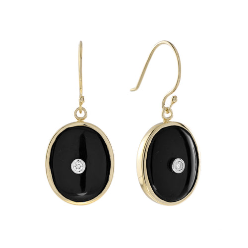 Art Deco Style Diamond & Black Onyx Oval Shape Drop 14K Yellow Gold Earrings