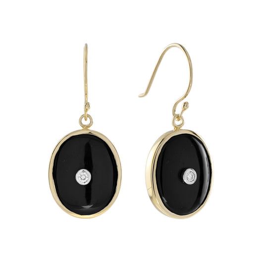 Art Deco Style Diamond & Black Onyx Oval Shape Drop 14K Yellow Gold Earrings