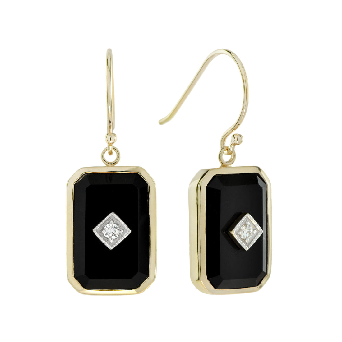 Diamond & Black Onyx Art Deco Style Octagon Shaped Drop Yellow Gold Earrings