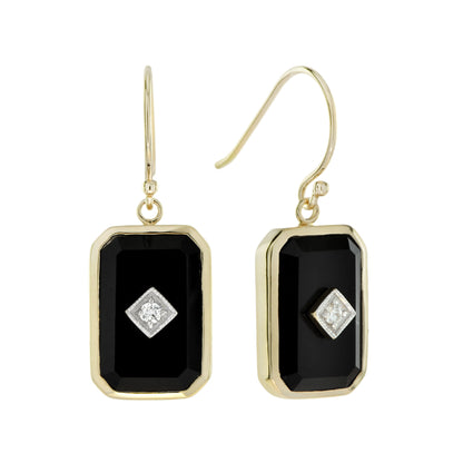 Diamond &amp; Black Onyx Art Deco Style Octagon Shaped Drop Yellow Gold Earrings