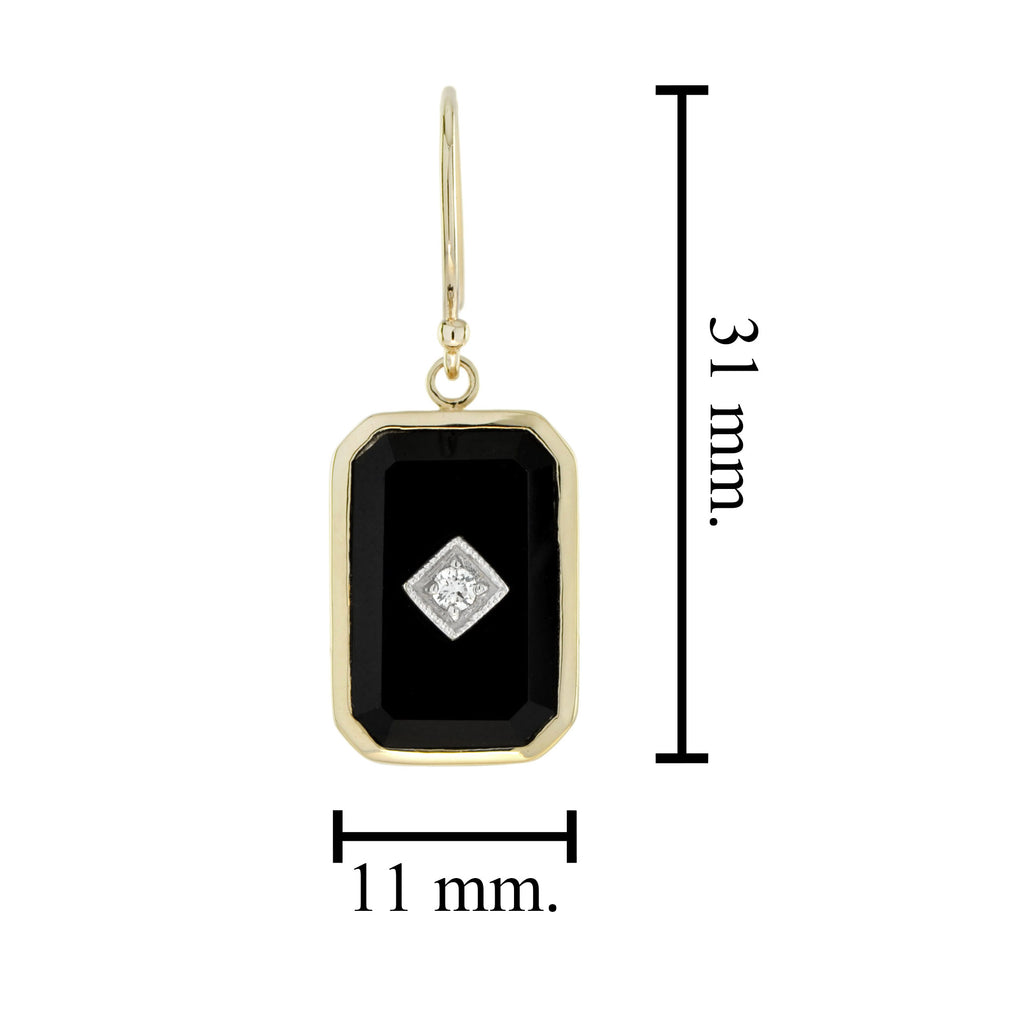 Diamond & Black Onyx Art Deco Style Octagon Shaped Drop Yellow Gold Earrings
