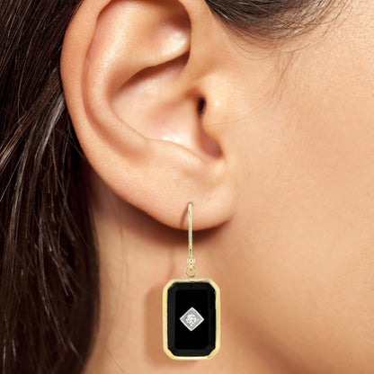 Diamond &amp; Black Onyx Art Deco Style Octagon Shaped Drop Yellow Gold Earrings