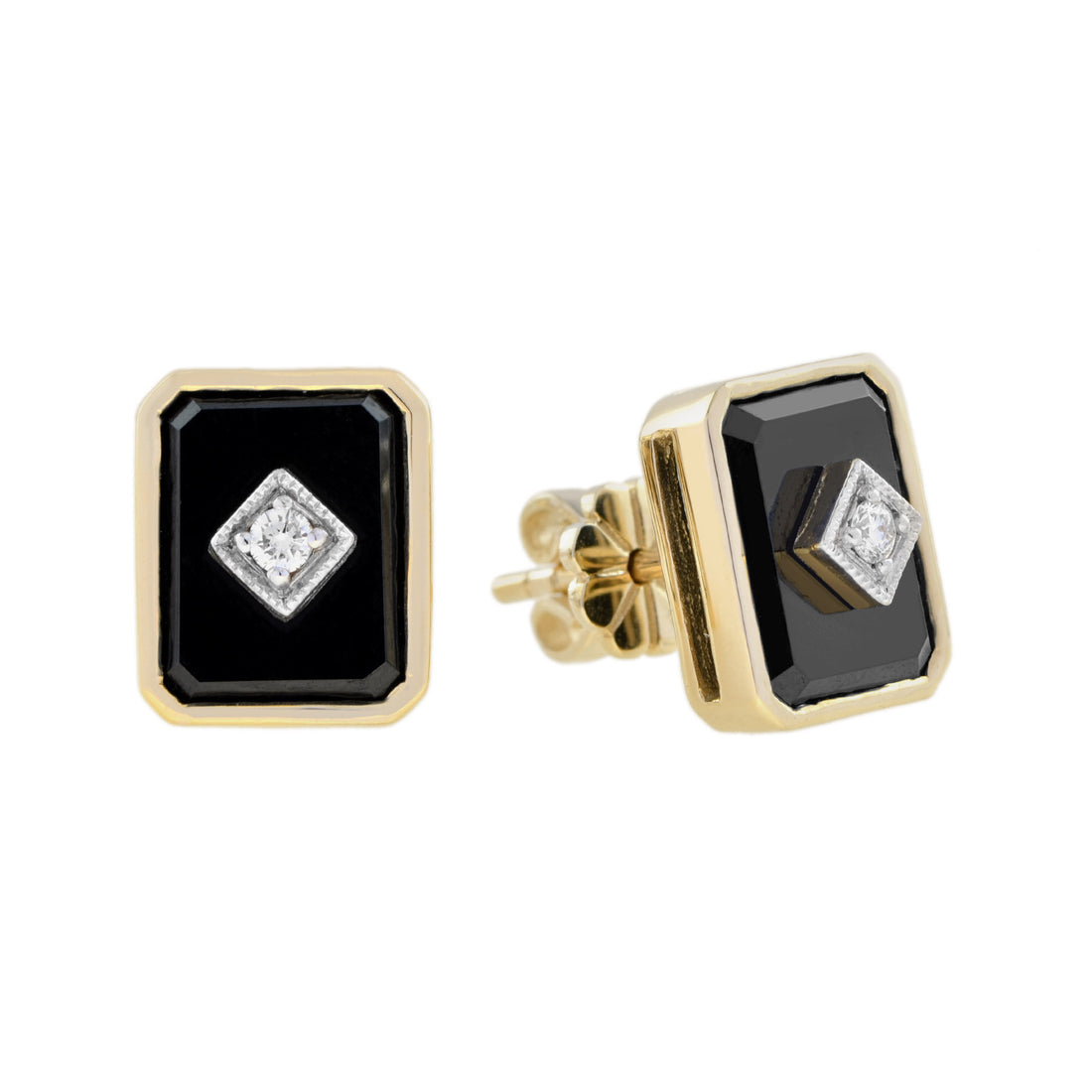 Diamond and Onyx Bezel Set Art Deco Style Octagon Stud Earrings