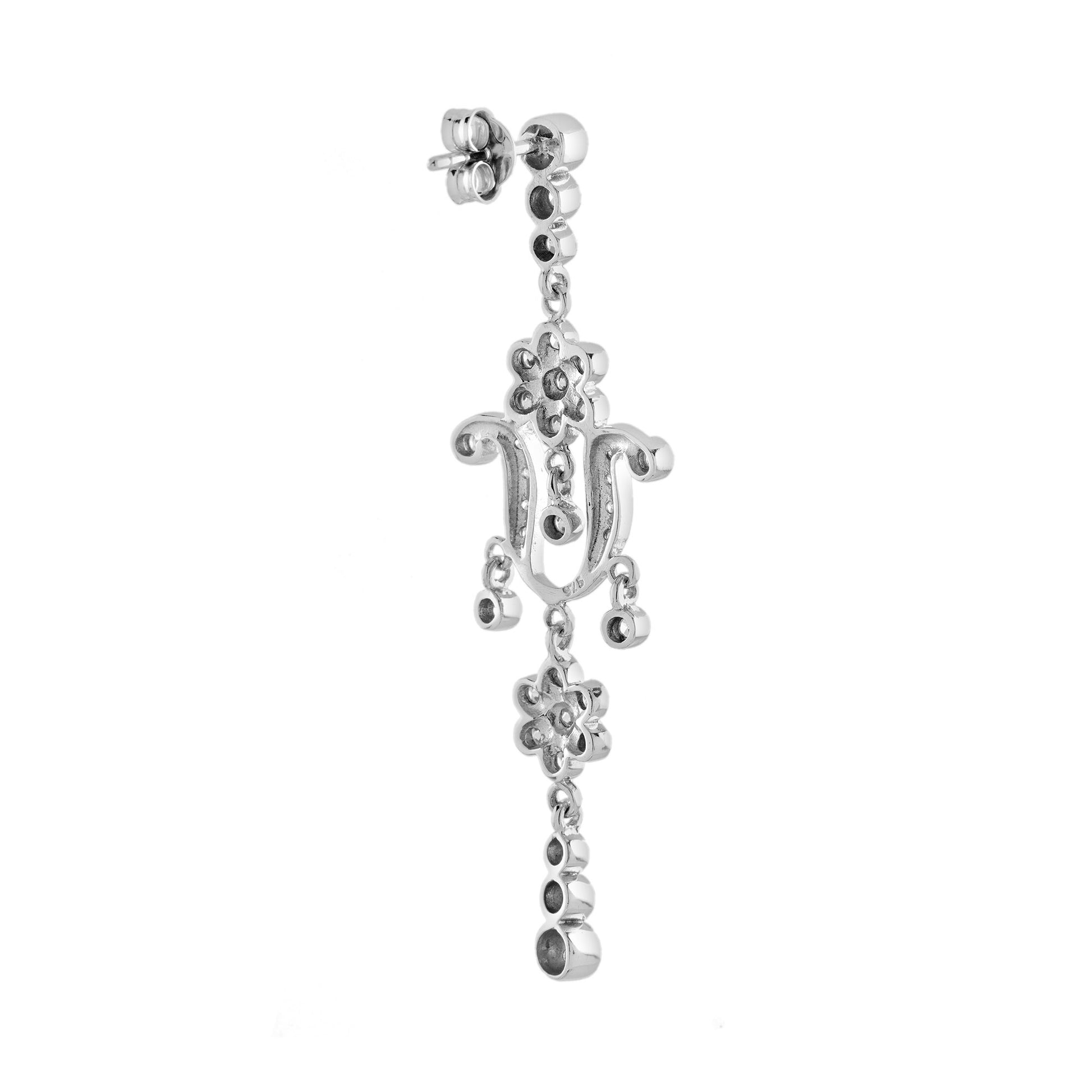 Diamond Edwardian Style Floral Dangle 14K White Gold Drop Earrings