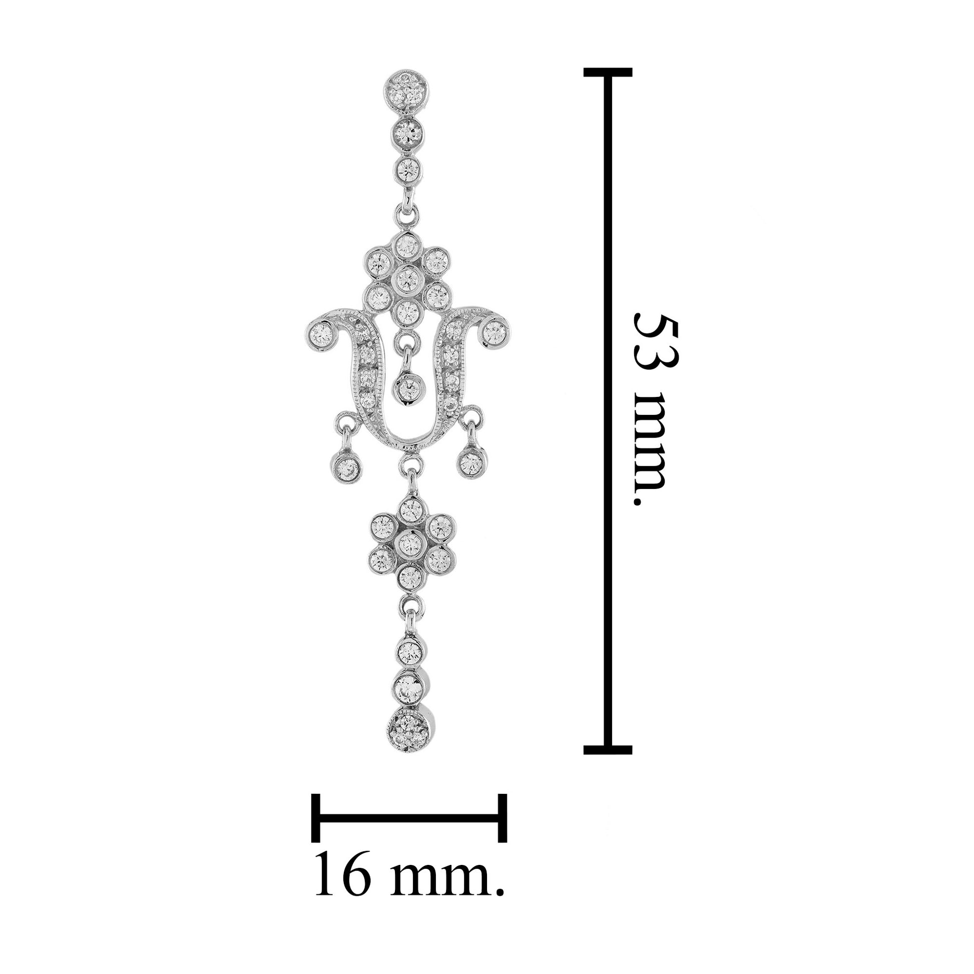 Diamond Edwardian Style Floral Dangle 14K White Gold Drop Earrings