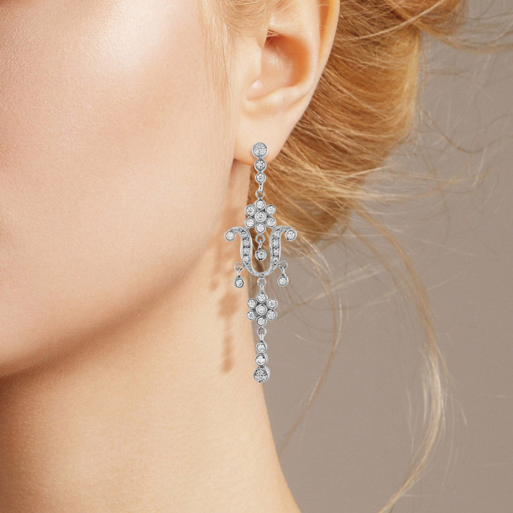 Diamond Edwardian Style Floral Dangle 14K White Gold Drop Earrings