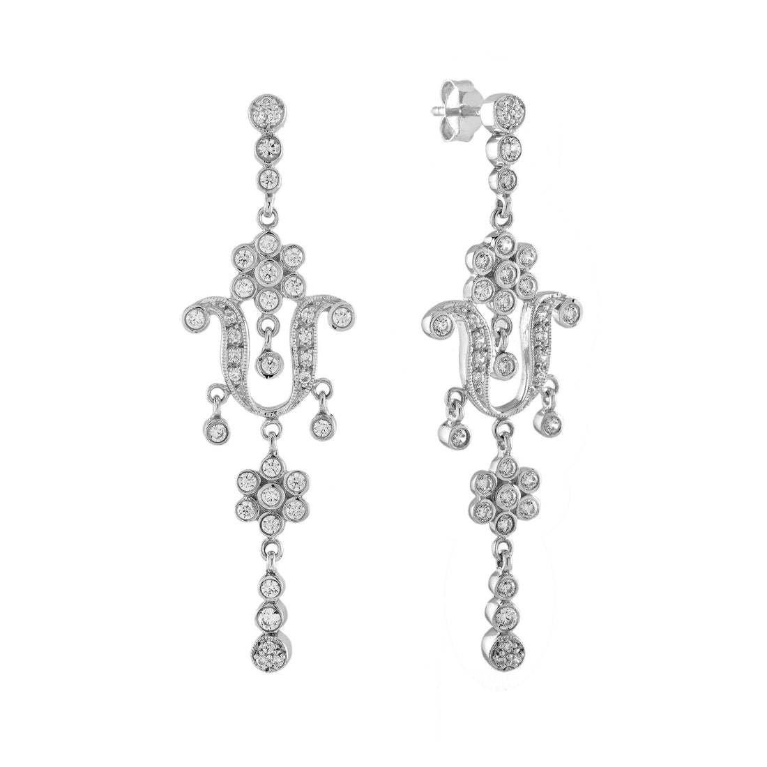 Diamond Edwardian Style Floral Dangle 14K White Gold Drop Earrings