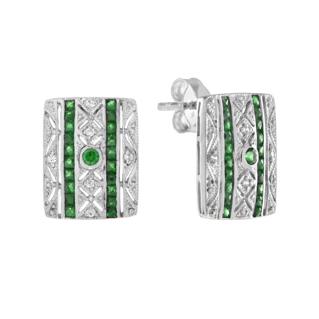 Green Emerald & Diamond Art Deco Style Square 14K White Gold Stud Earrings
