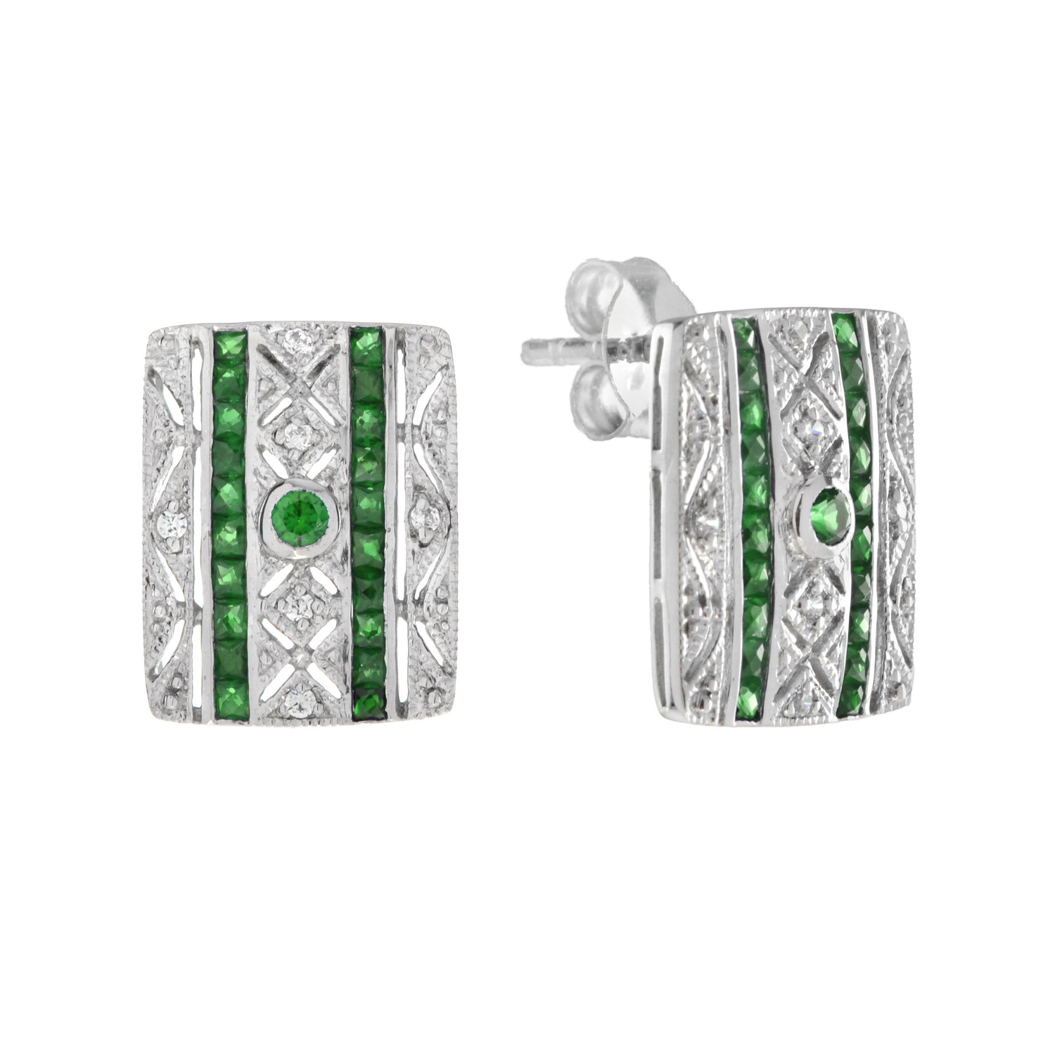 Green Emerald &amp; Diamond Art Deco Style Square 14K White Gold Stud Earrings