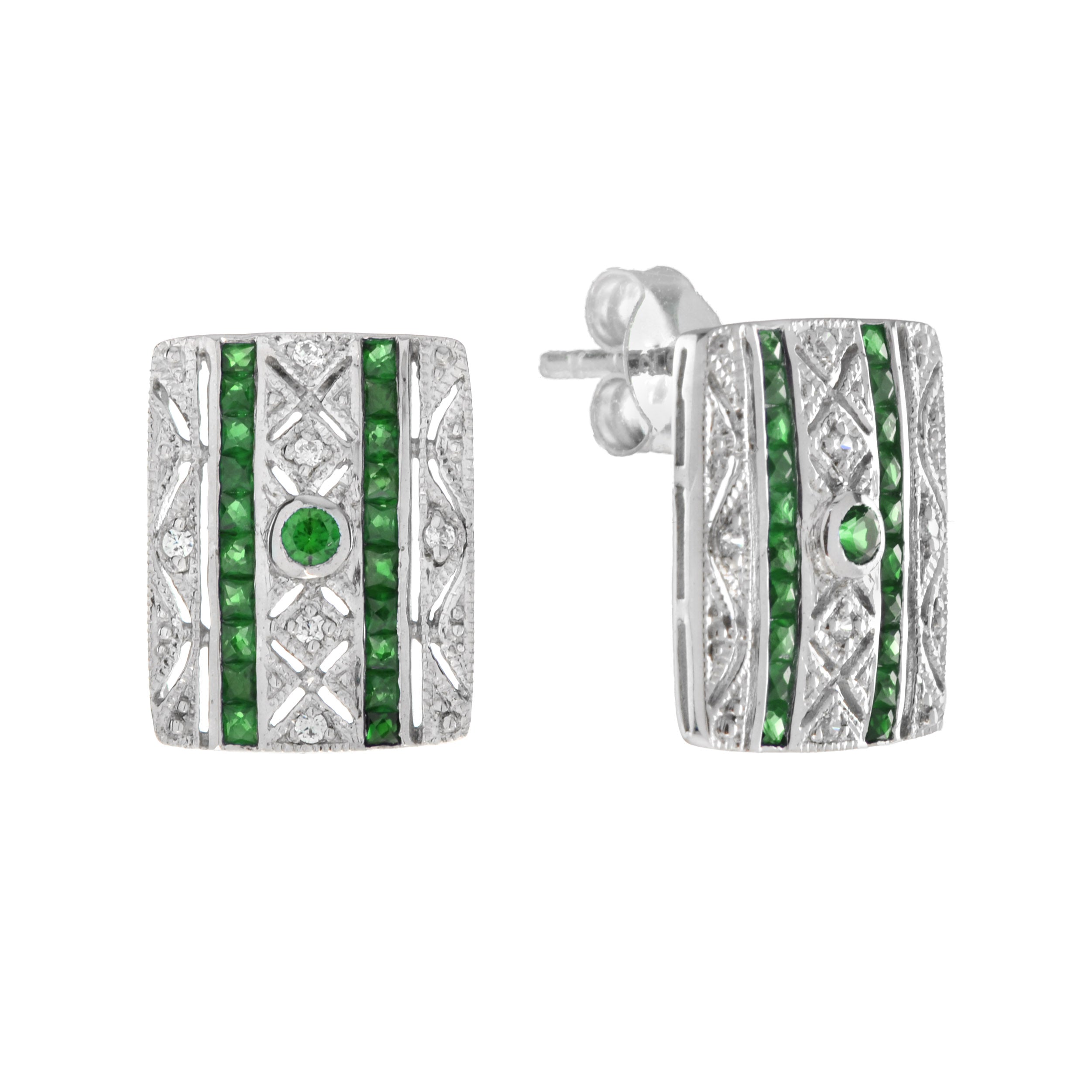 Green Emerald &amp; Diamond Art Deco Style Square 14K White Gold Stud Earrings