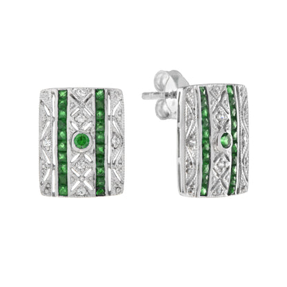 Green Emerald &amp; Diamond Art Deco Style Square 14K White Gold Stud Earrings