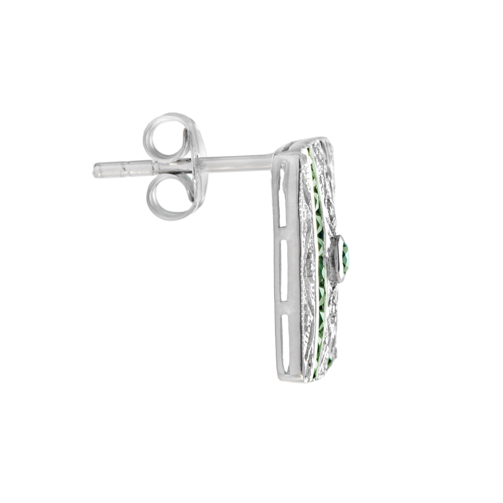 Green Emerald & Diamond Art Deco Style Square 14K White Gold Stud Earrings