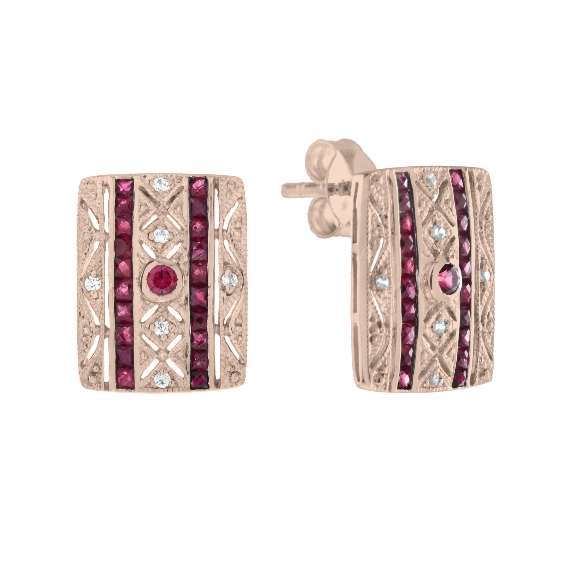 Ruby & Diamond Art Deco Style Square 14K Rose Gold Stud Earrings