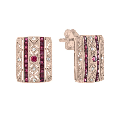 Ruby & Diamond Art Deco Style Square 14K Rose Gold Stud Earrings