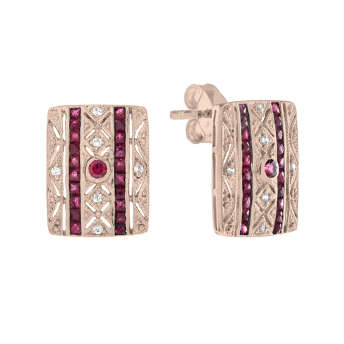 Ruby & Diamond Art Deco Style Square 14K Rose Gold Stud Earrings