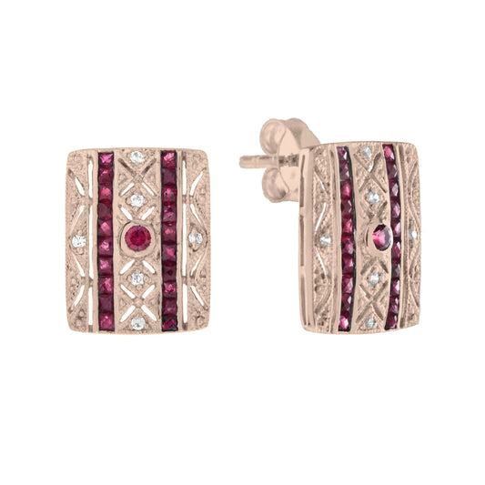 Ruby & Diamond Art Deco Style Square 14K Rose Gold Stud Earrings