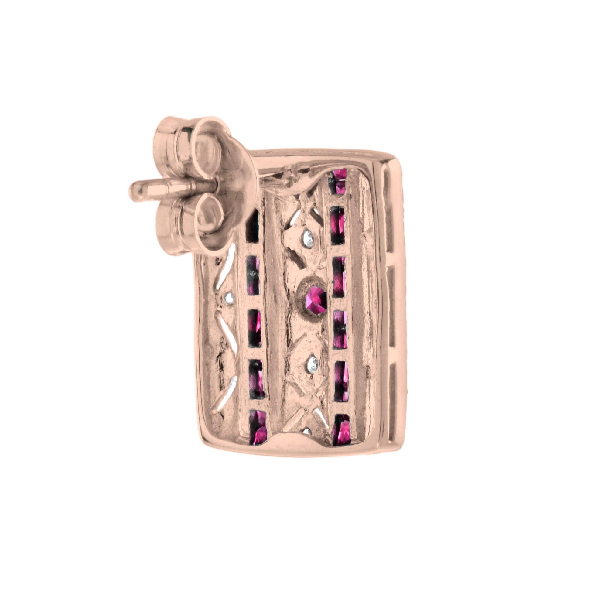 Ruby & Diamond Art Deco Style Square 14K Rose Gold Stud Earrings