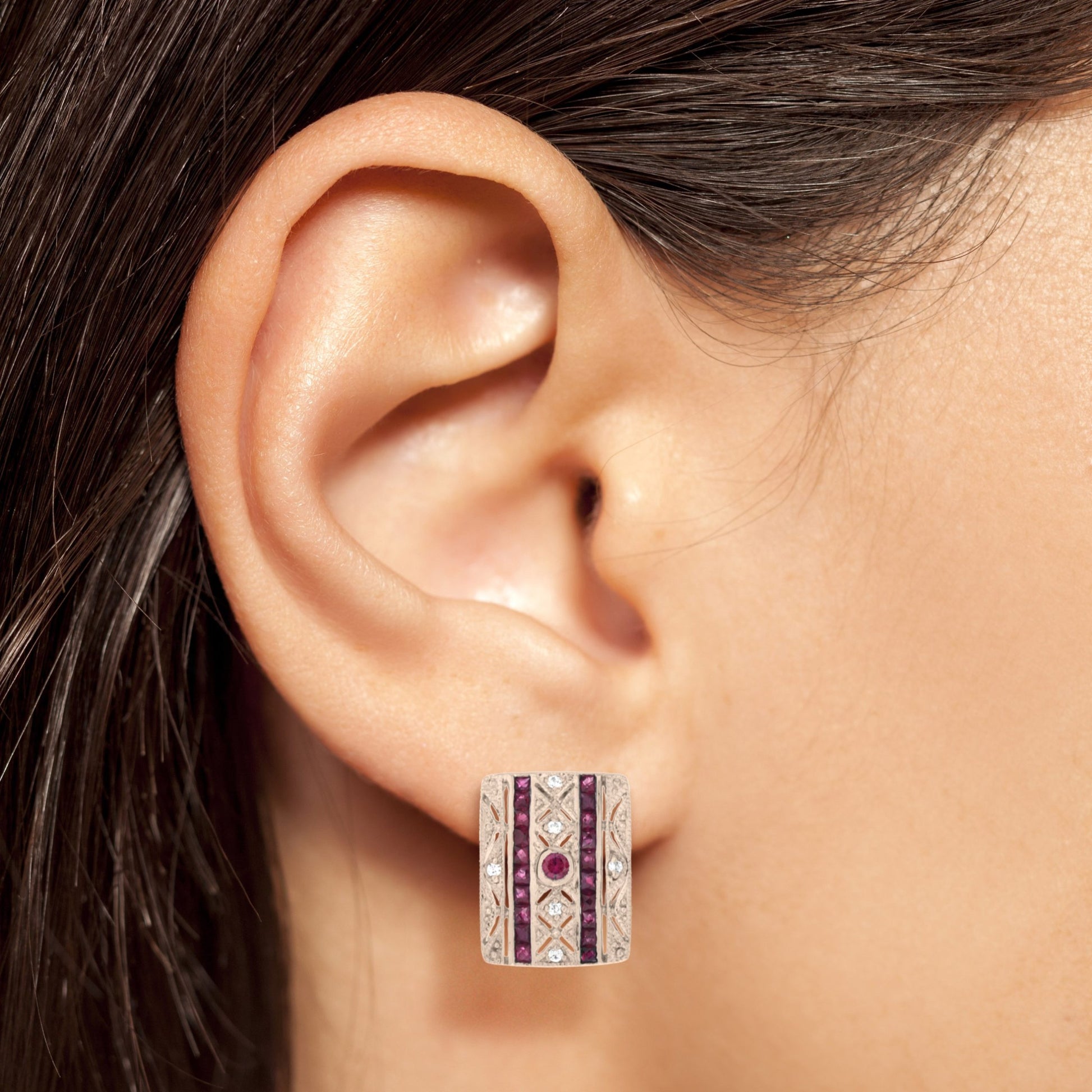Ruby & Diamond Art Deco Style Square 14K Rose Gold Stud Earrings