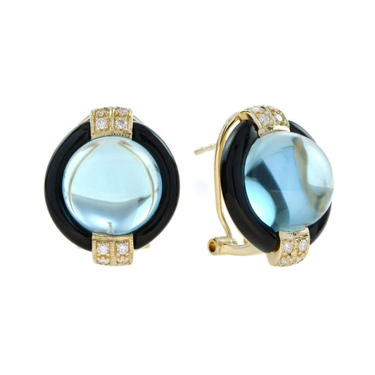 Round Cabochon Blue Topaz & Onyx Diamond Halo 14K Yellow Gold Studs Earrings
