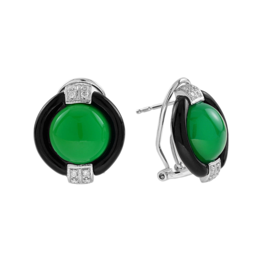 Green Agate Onyx Diamond Art Deco Style Omega 18K White Gold Earrings