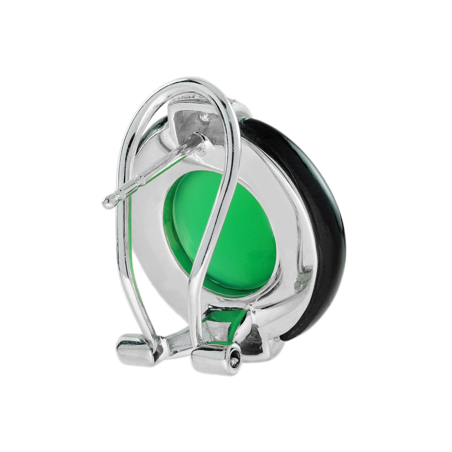 Green Agate Onyx Diamond Art Deco Style Omega 18K White Gold Earrings