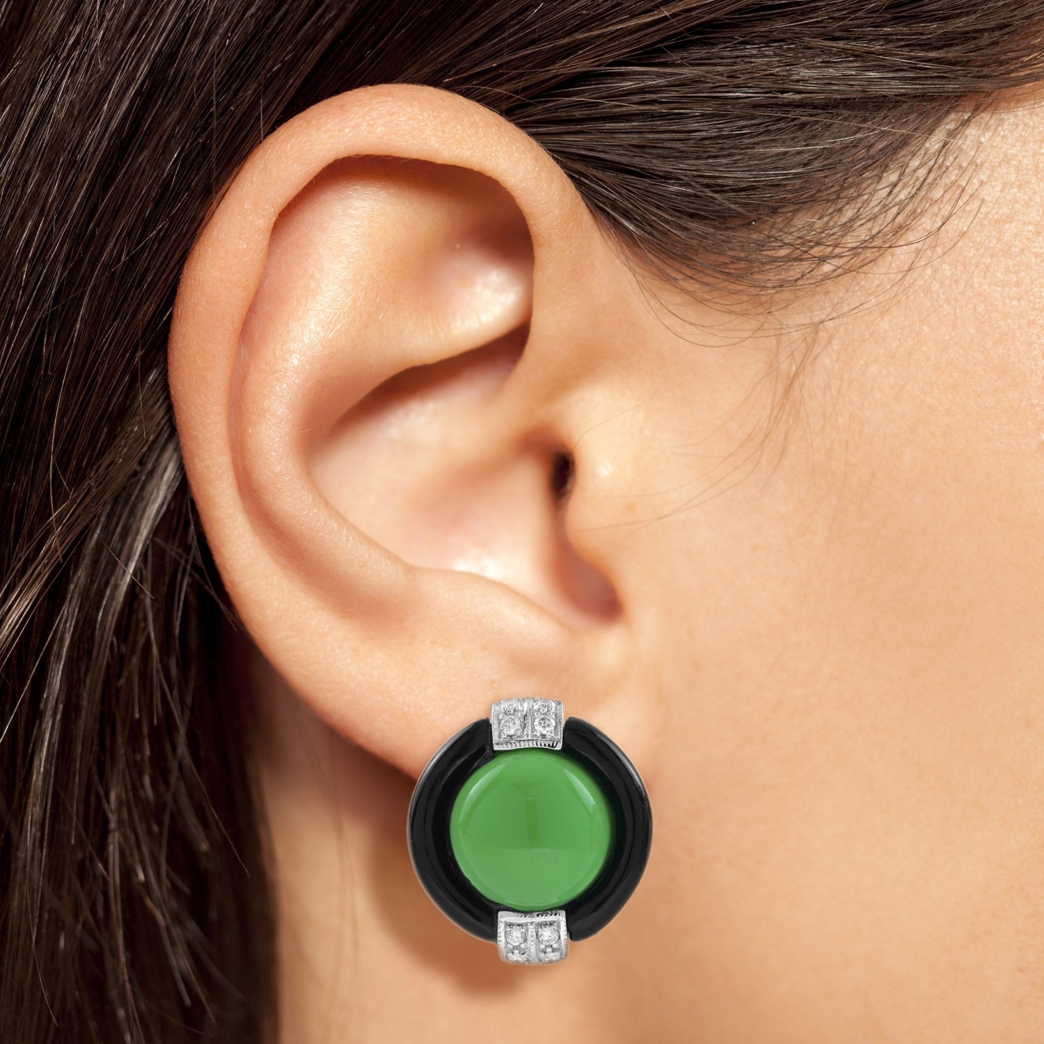 Green Agate Onyx Diamond Art Deco Style Omega 18K White Gold Earrings