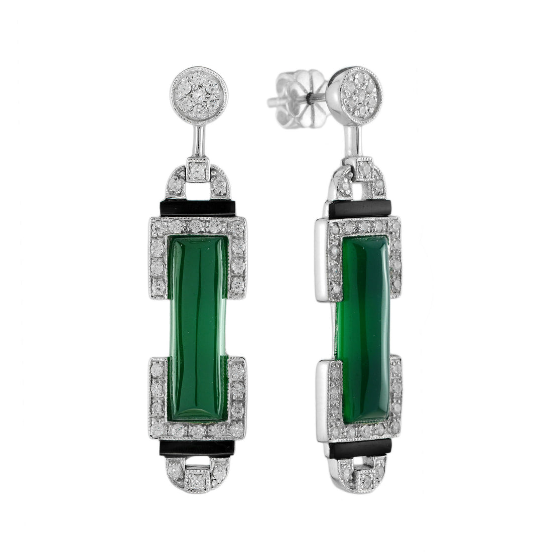 Green Agate Onyx Diamond Art Deco Style Drop 14K White Gold Drop Earrings