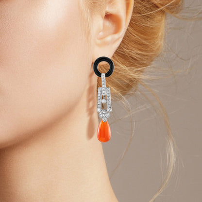 Red Orange Carnelian Diamond Onyx Art Deco Style Drop 14K White Gold Earrings