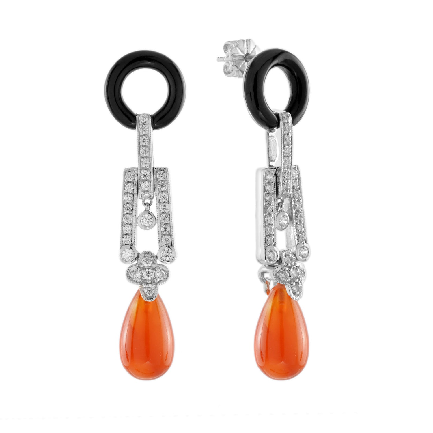 Red Orange Carnelian Diamond Onyx Art Deco Style Drop 14K White Gold Earrings
