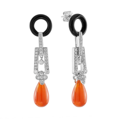 Red Orange Carnelian Diamond Onyx Art Deco Style Drop 14K White Gold Earrings