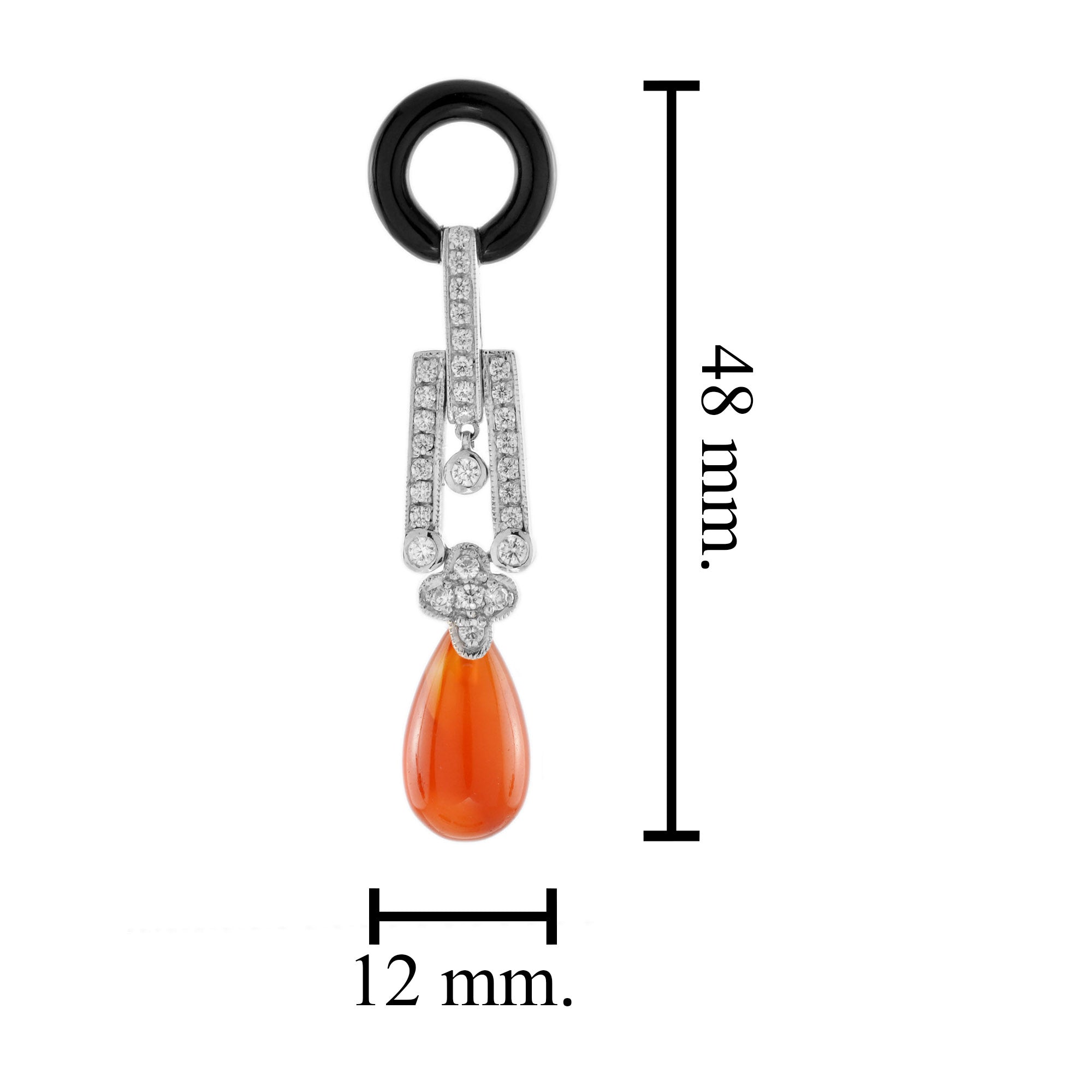 Red Orange Carnelian Diamond Onyx Art Deco Style Drop 14K White Gold Earrings