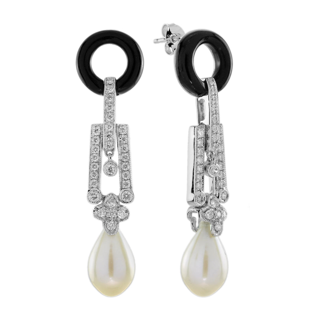 Pearl &amp; Black Onyx Diamond Art Deco Style Drop White Gold Earrings