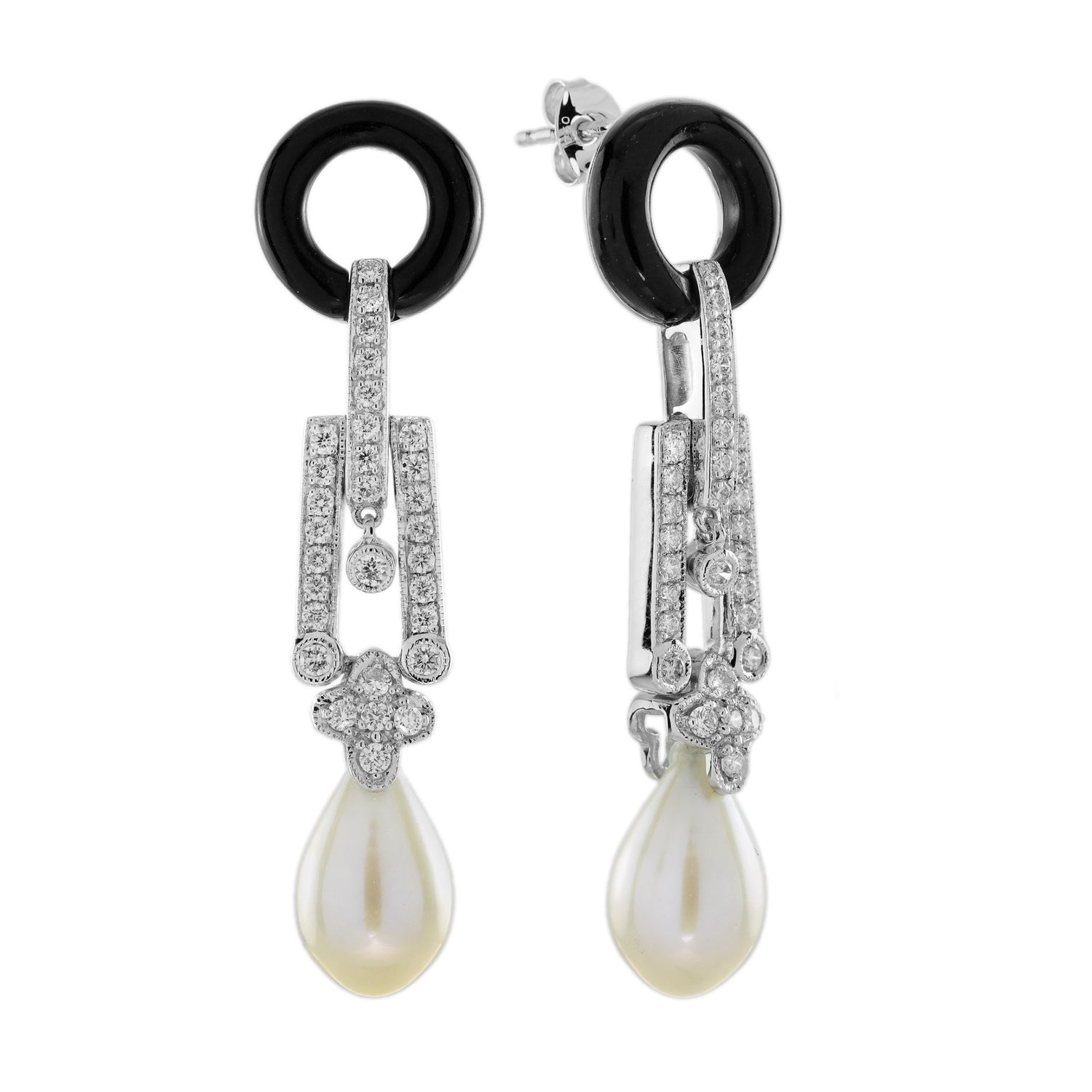 Pearl &amp; Black Onyx Diamond Art Deco Style Drop White Gold Earrings