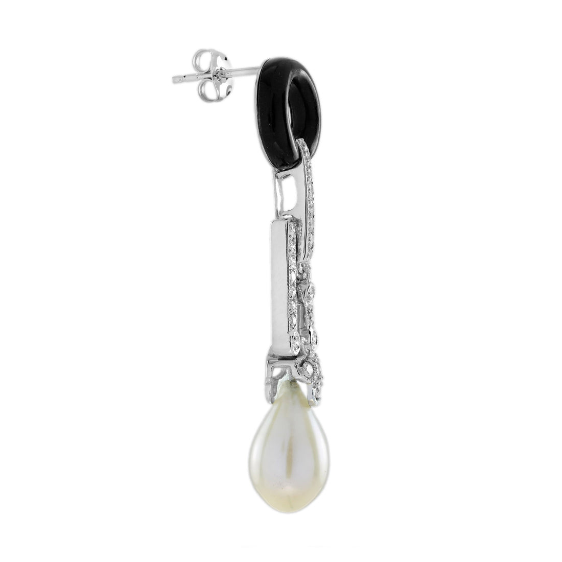 Pearl &amp; Black Onyx Diamond Art Deco Style Drop White Gold Earrings