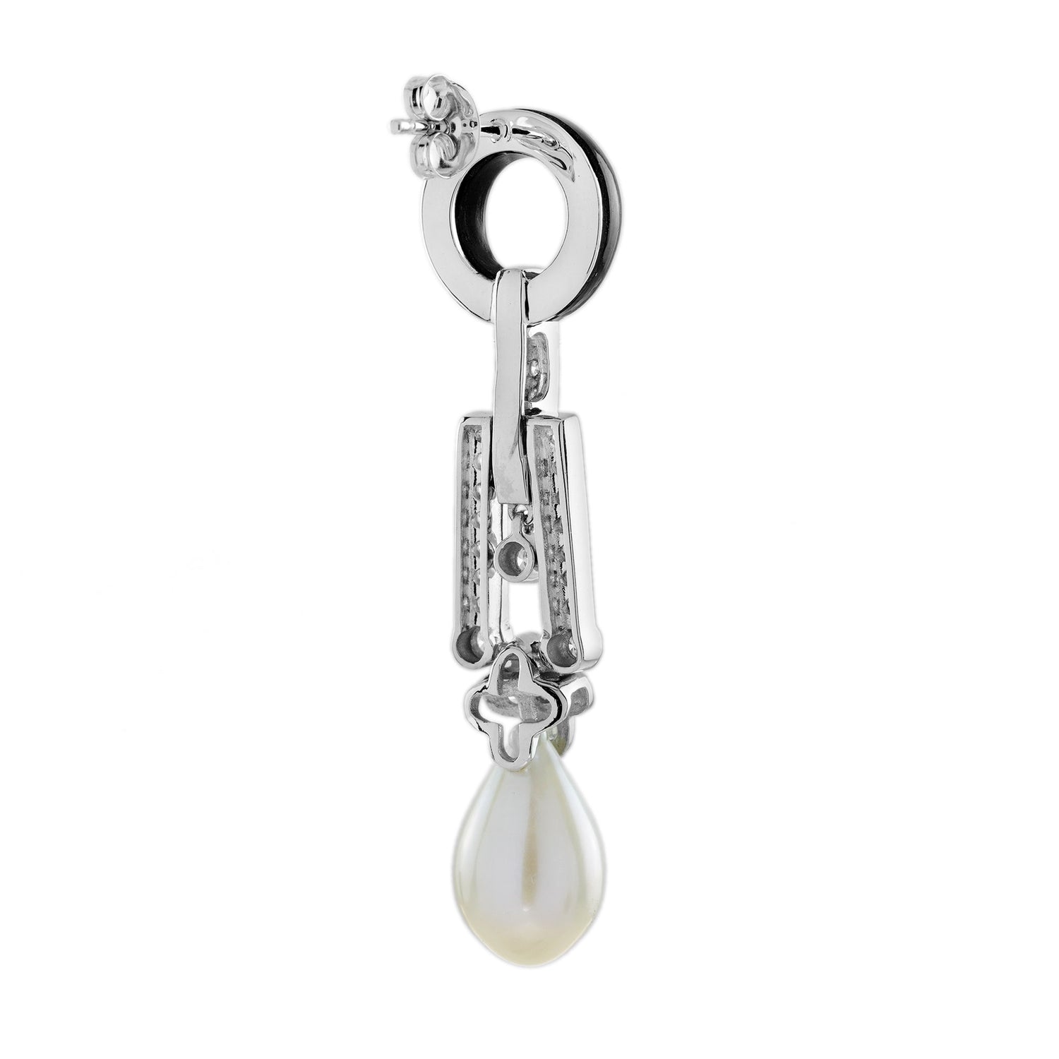 Pearl &amp; Black Onyx Diamond Art Deco Style Drop White Gold Earrings