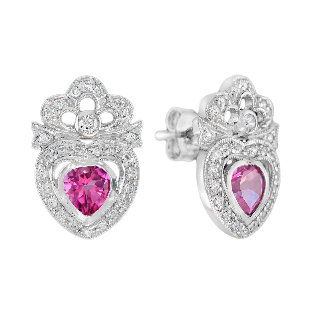 Pink Topaz & Diamond Heart Shaped Stud 14K White Gold Earrings