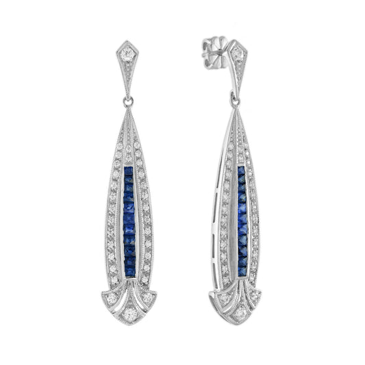 Blue Sapphire & Diamond Art Deco Style Drop 14K White Gold Earrings