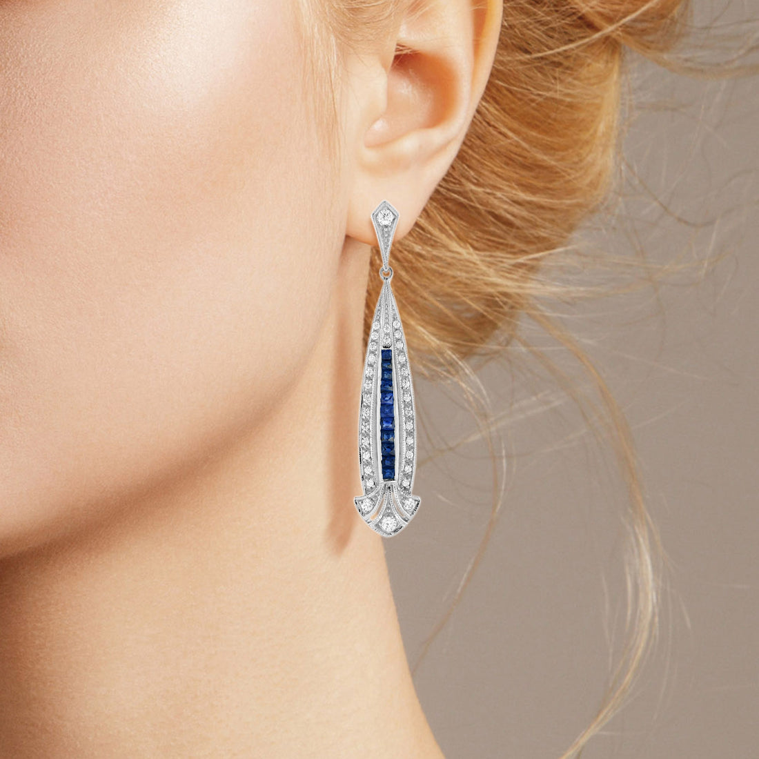 Blue Sapphire &amp; Diamond Art Deco Style Drop 14K White Gold Earrings