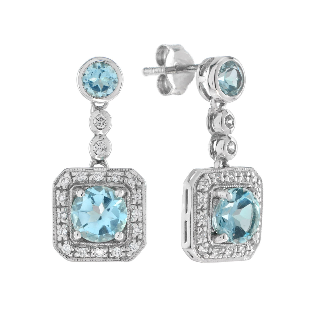 Square Frame Blue Topaz & Diamond Halo Set 14K White Gold Drop Earrings