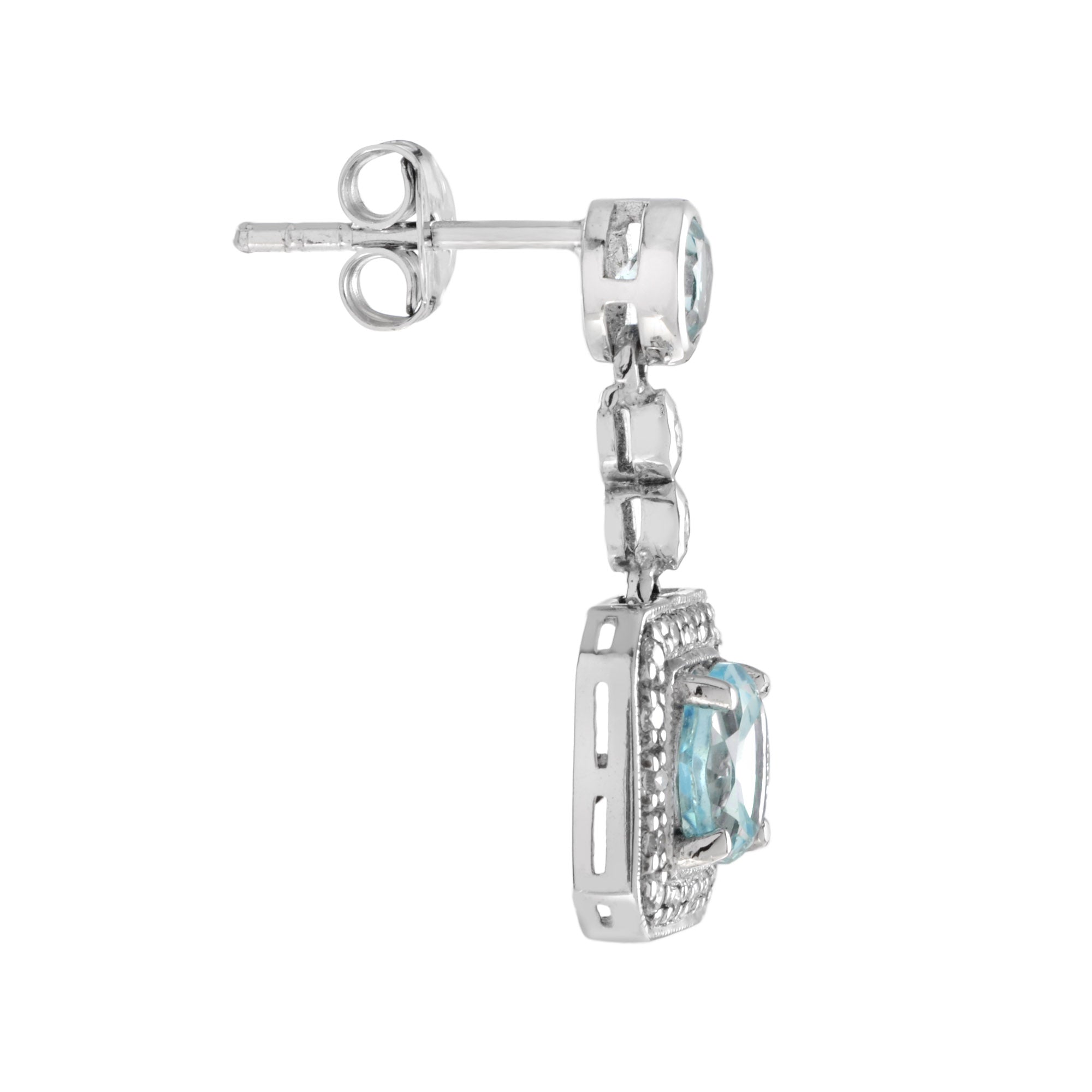 Square Frame Blue Topaz &amp; Diamond Halo Set 14K White Gold Drop Earrings