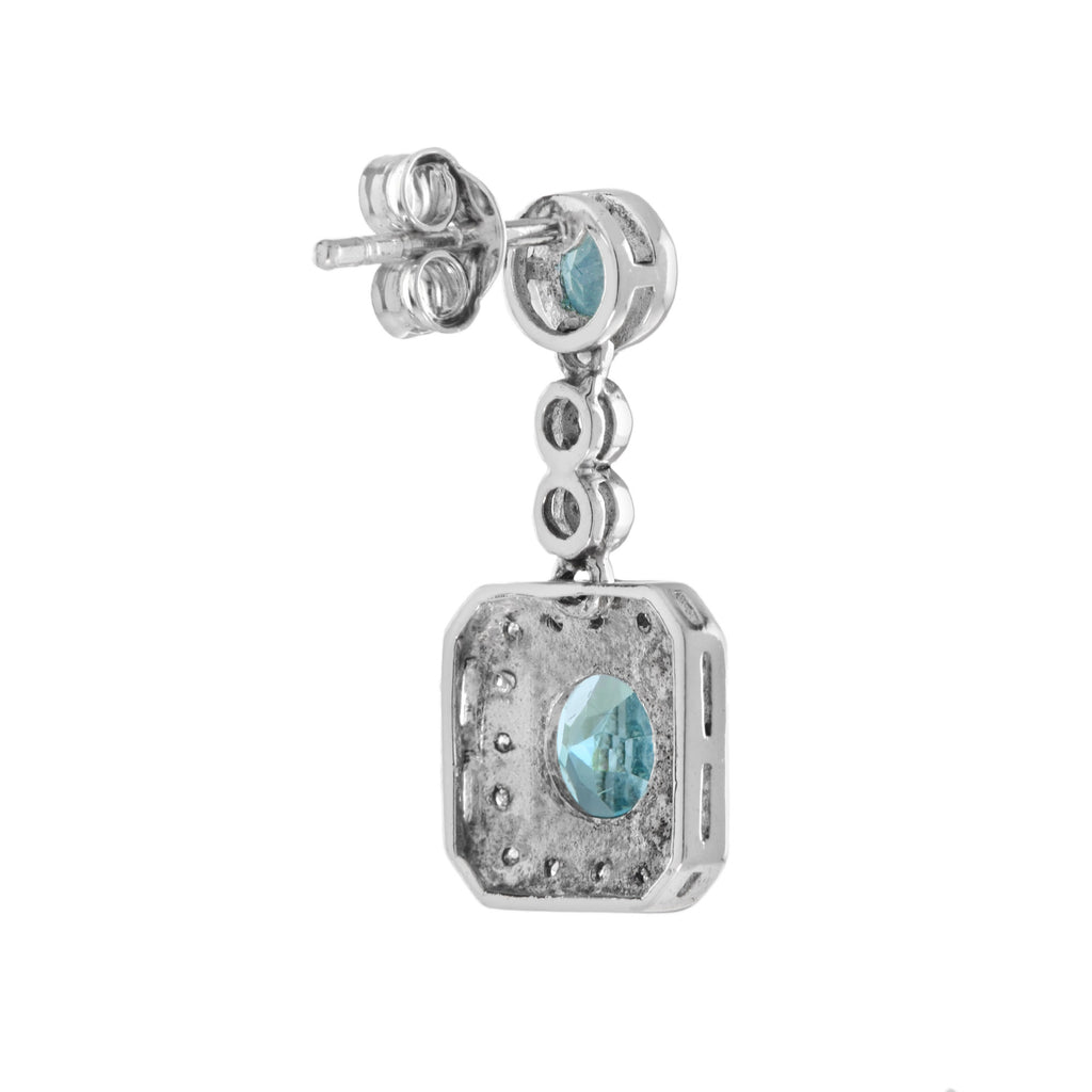 Square Frame Blue Topaz & Diamond Halo Set 14K White Gold Drop Earrings