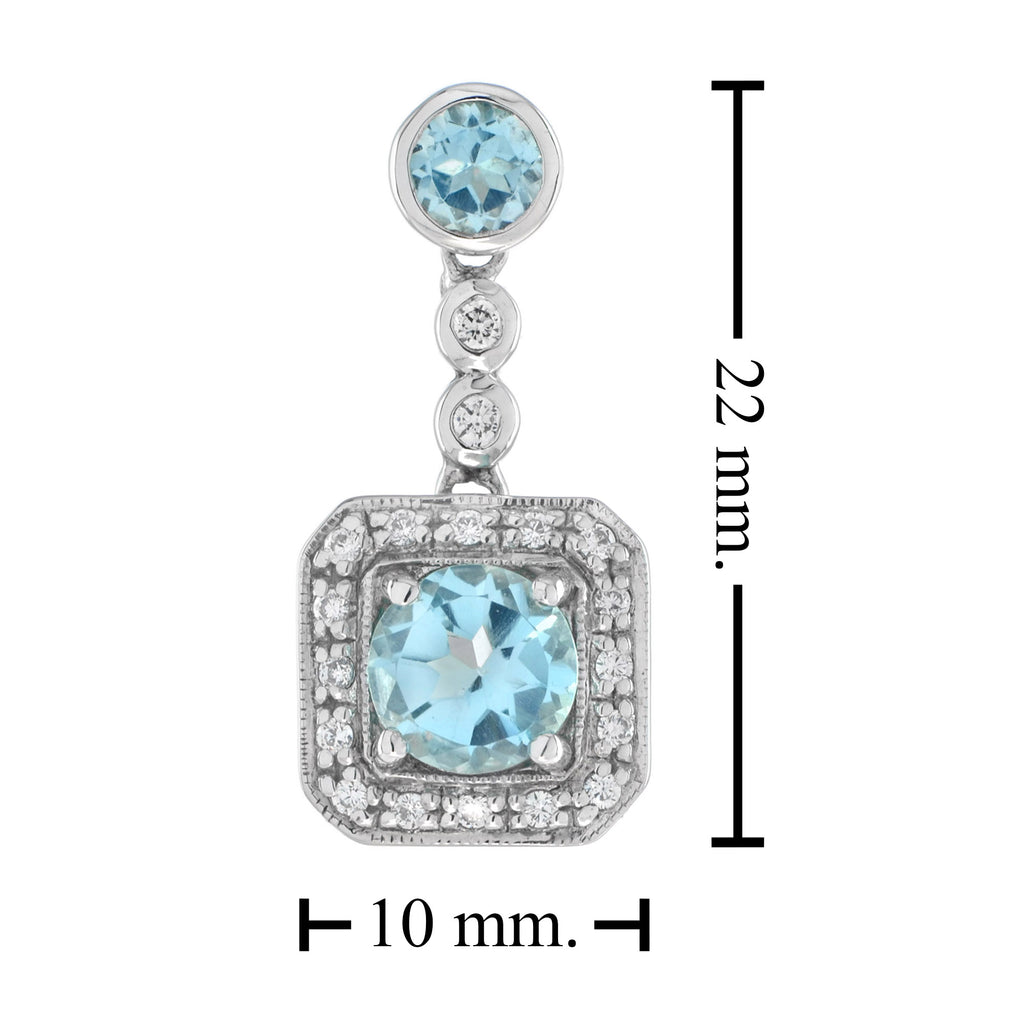 Square Frame Blue Topaz & Diamond Halo Set 14K White Gold Drop Earrings