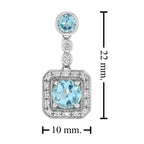 Square Frame Blue Topaz & Diamond Halo Set 14K White Gold Drop Earrings
