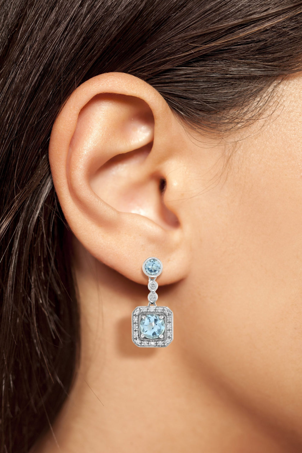 Square Frame Blue Topaz & Diamond Halo Set 14K White Gold Drop Earrings