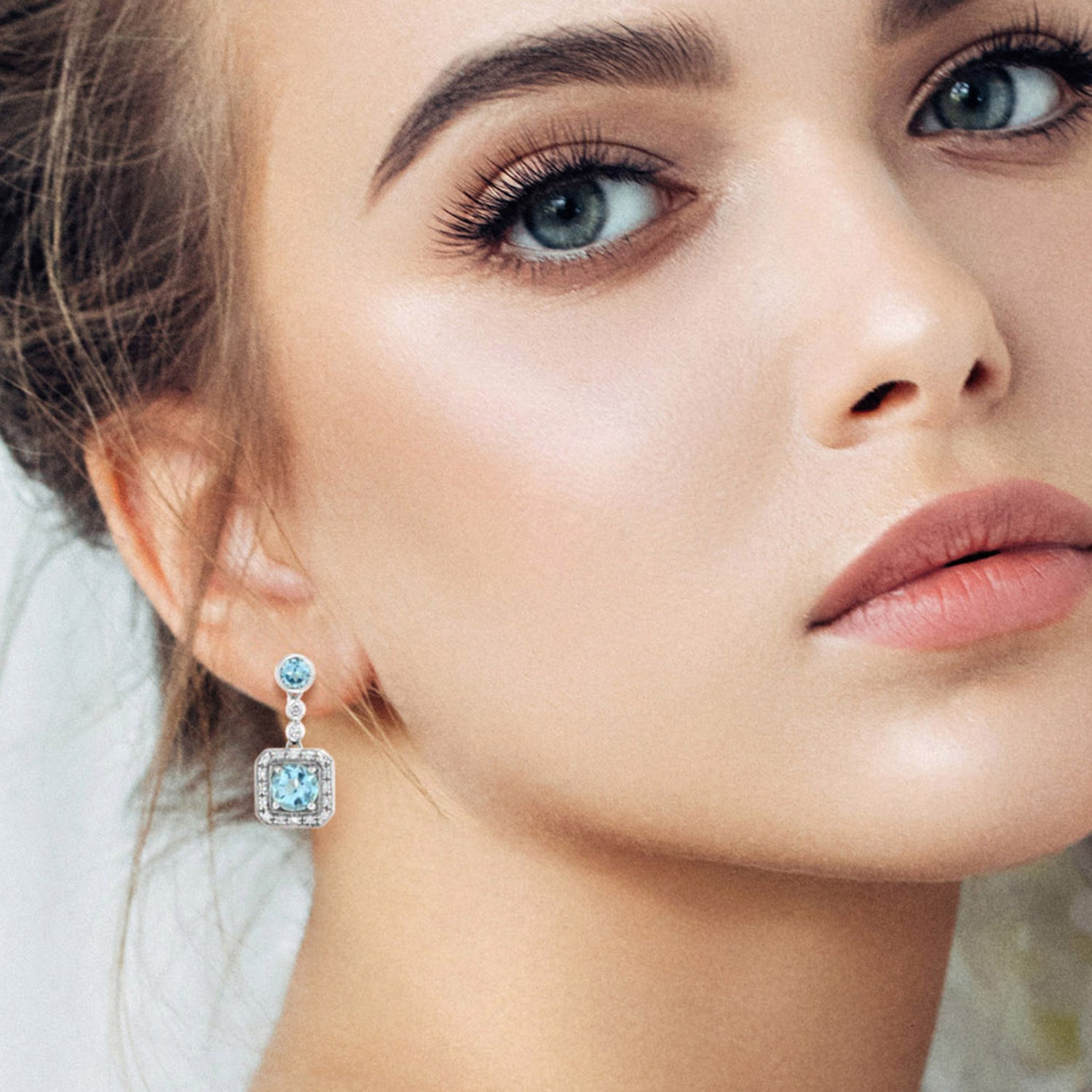 Square Frame Blue Topaz &amp; Diamond Halo Set 14K White Gold Drop Earrings
