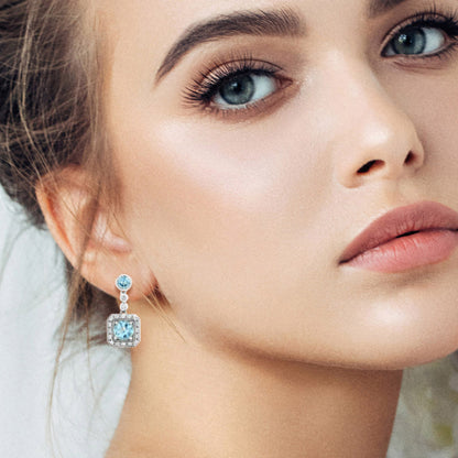Square Frame Blue Topaz &amp; Diamond Halo Set 14K White Gold Drop Earrings