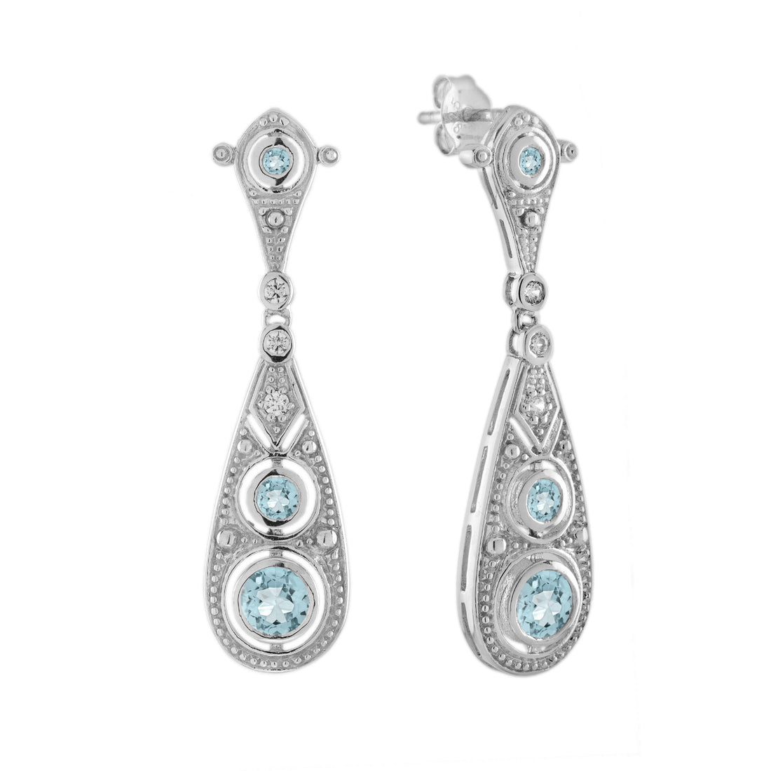 Blue Aquamarine &amp; Diamond Edwardian Style Filigree Drop 18K White Gold Earrings